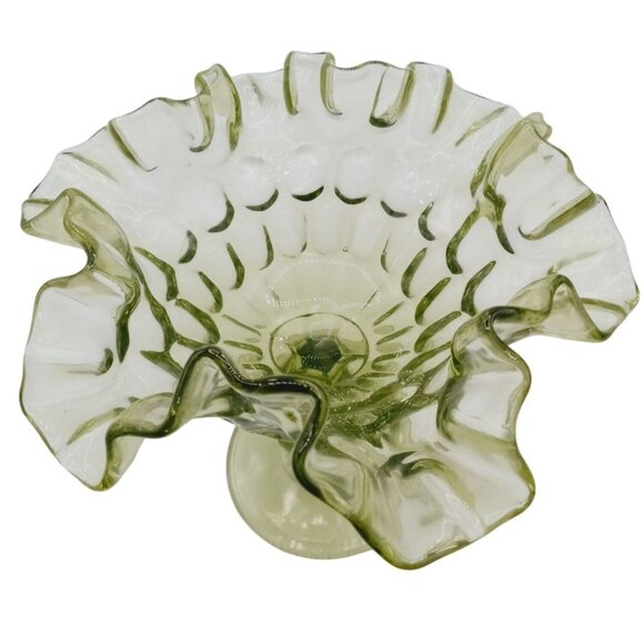Vintage Fenton Glass Candy Dish Pedestal Green Thumbprint Ruffle Rim Compote 6" - Picture 8 of 15